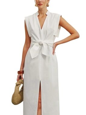 Commense White Linen Blend Tie Belt Midi Dress Medium V-Neck Slit